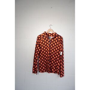 Mud Pie Quarter Zip Pullover Women Large Orange Navy Blue Geometric Print